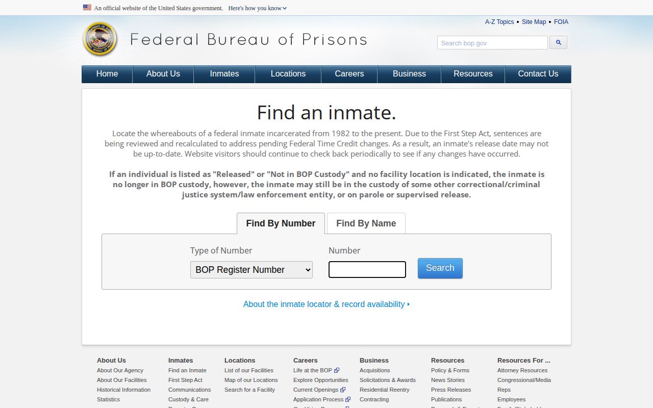 Federal Bureau of Prisons Inmate Locator search