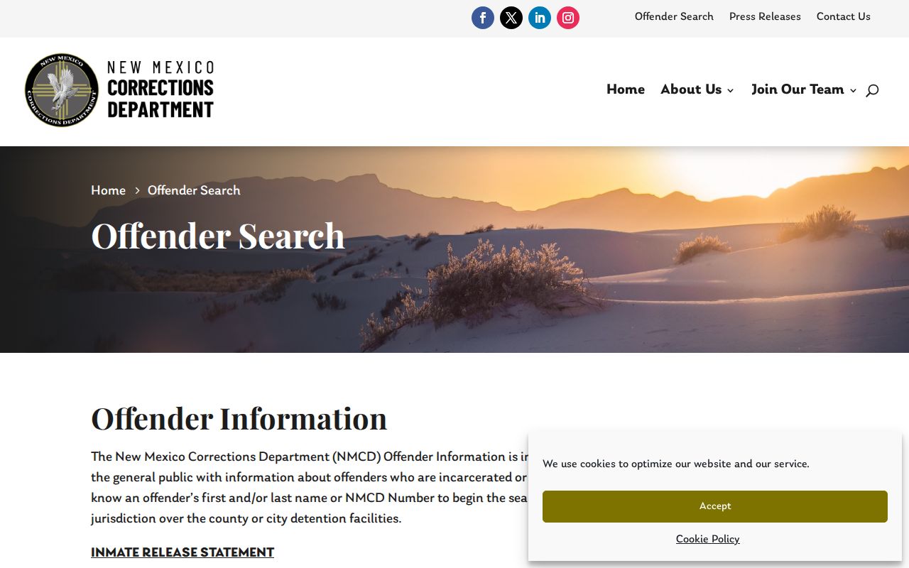 New Mexico Corrections Department offender search scope and verification notice