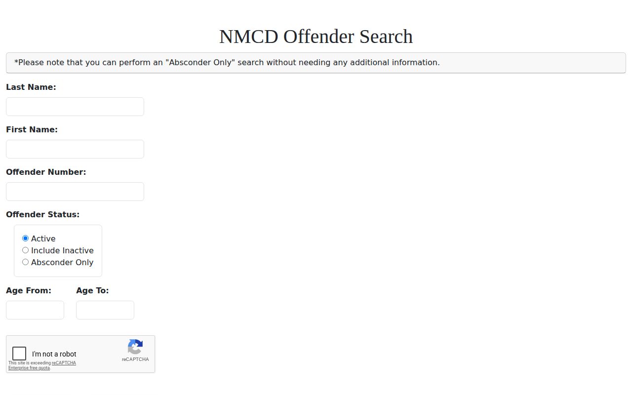 Santa Fe County projected release lookup fields in the NMCD offender search